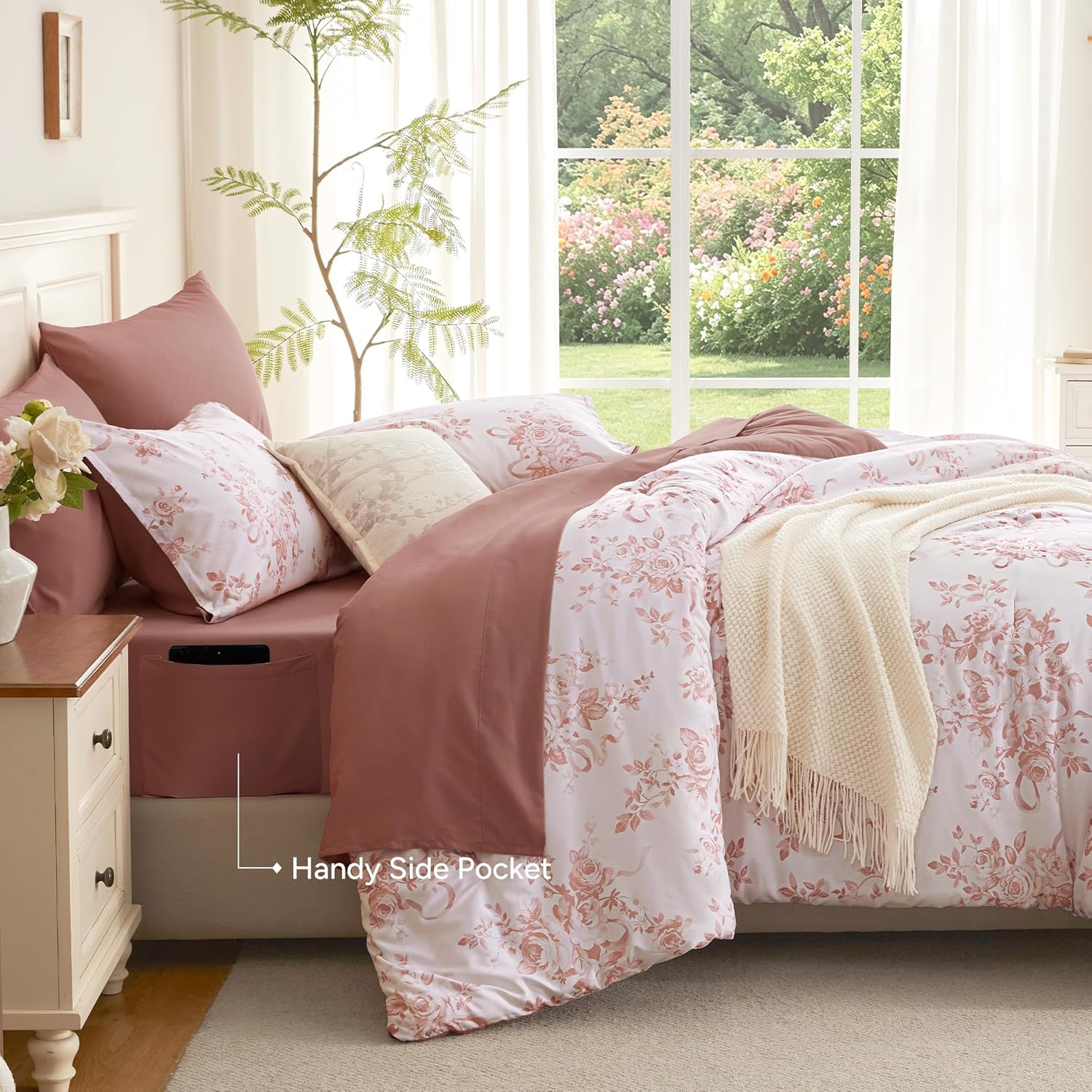 Andency 7 Pieces Queen Pink Floral Vintage All Season Bed in a Bag Comforter Set