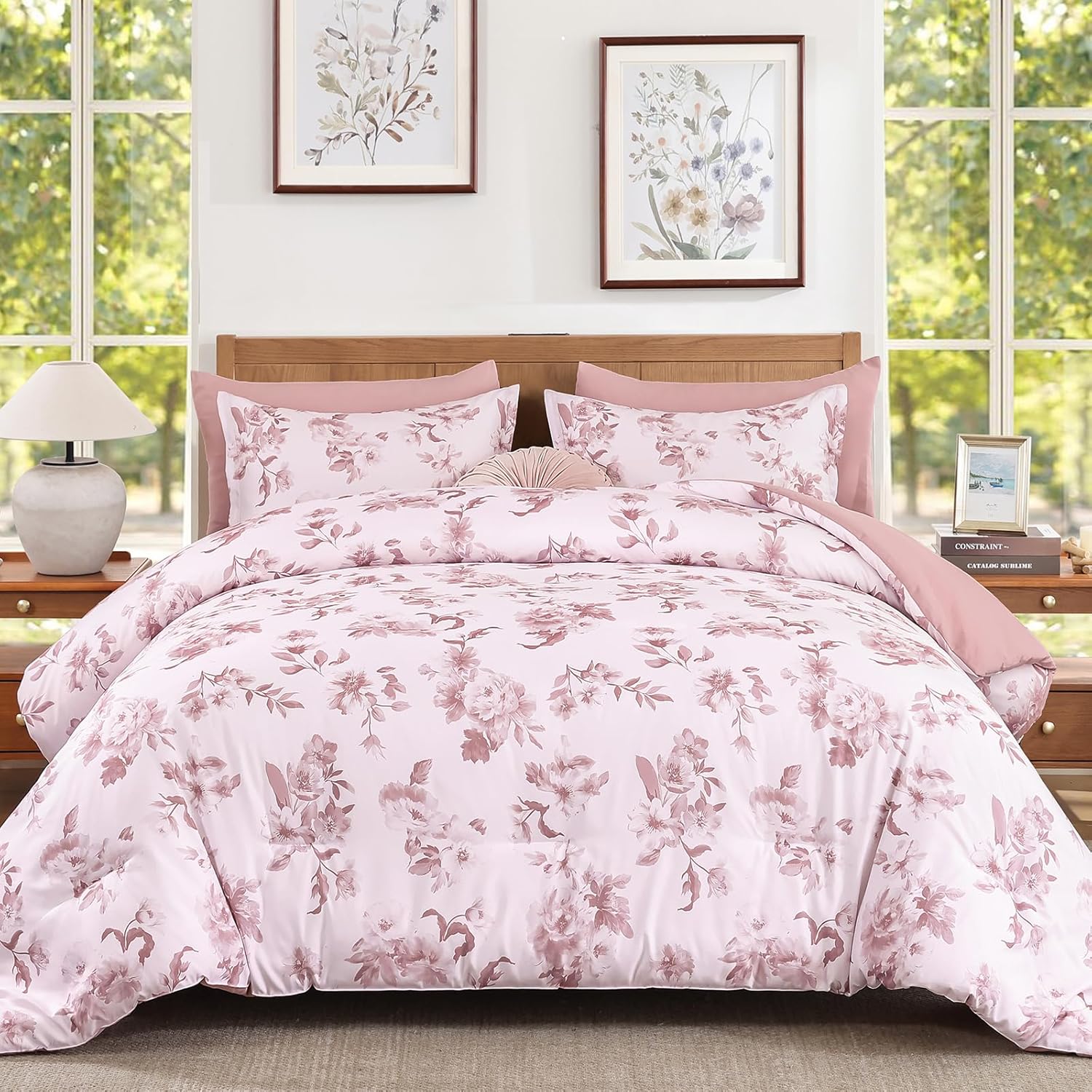7-Piece Queen Pink Watercolor Floral All Season Lightweight Bed in a Bag Comforter Set
