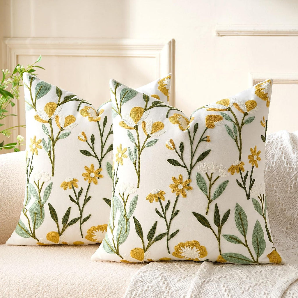 2Pcs 18x18 Green Floral Embroidered Tufted Farmhouse Throw Pillow Covers