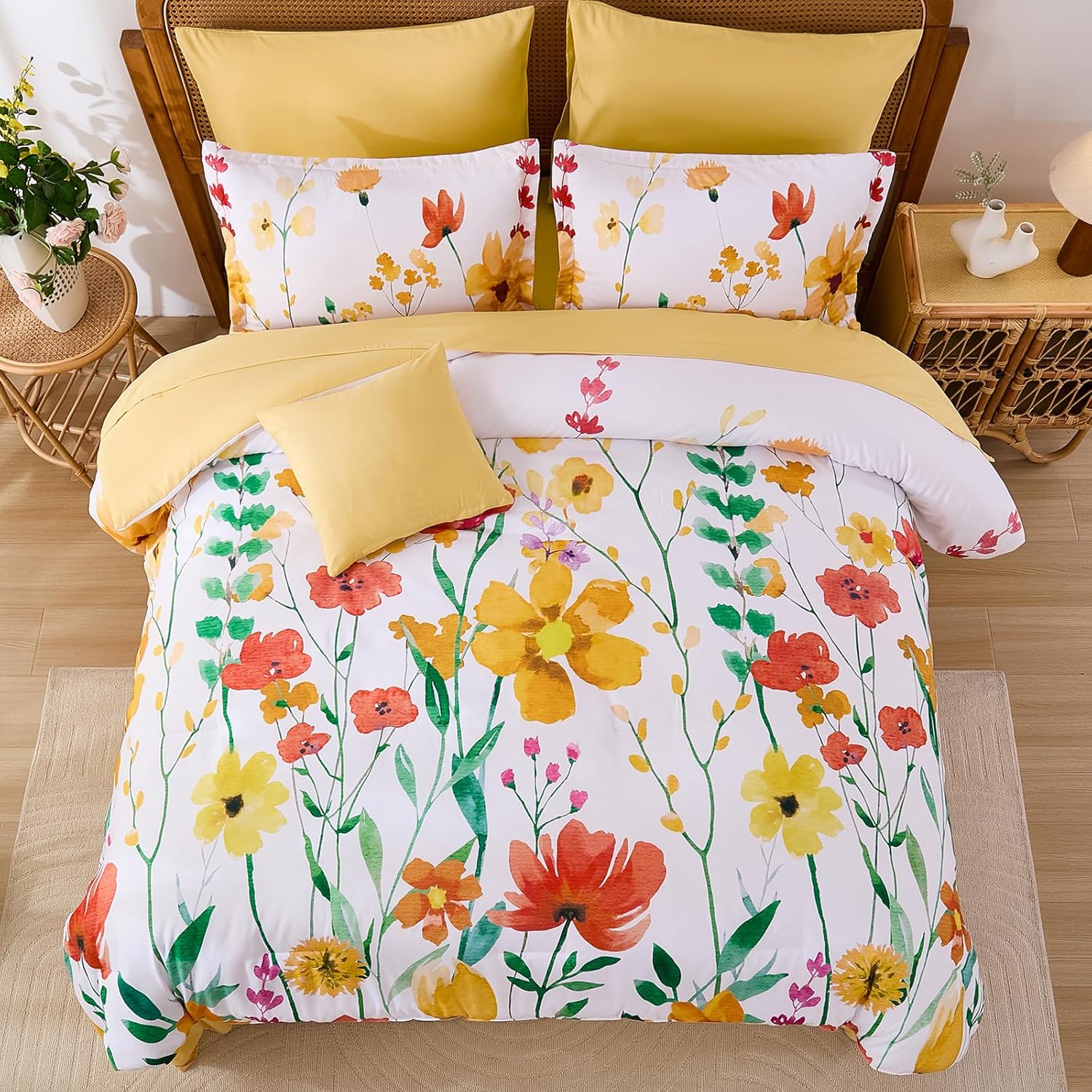 Annibedding 8 Pieces Queen Yellow Floral Microfiber All Season Bed in a Bag Comforter Set