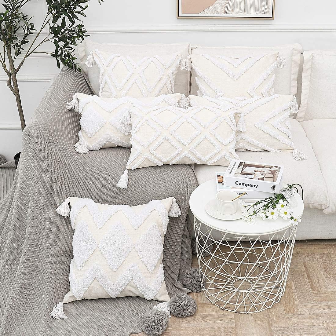 12x20 Boho White Tassel Lumbar Pillow Cover Tufted Chenille Cushion Case 1PC Cover Only