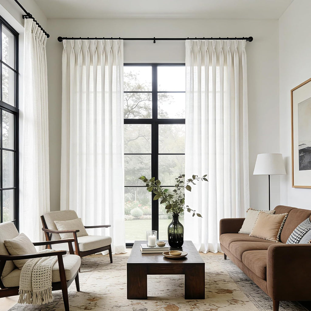 2 Panels 102 Inch Cream Pinch Pleat Linen Light Filtering Farmhouse Curtains with Hooks Rings