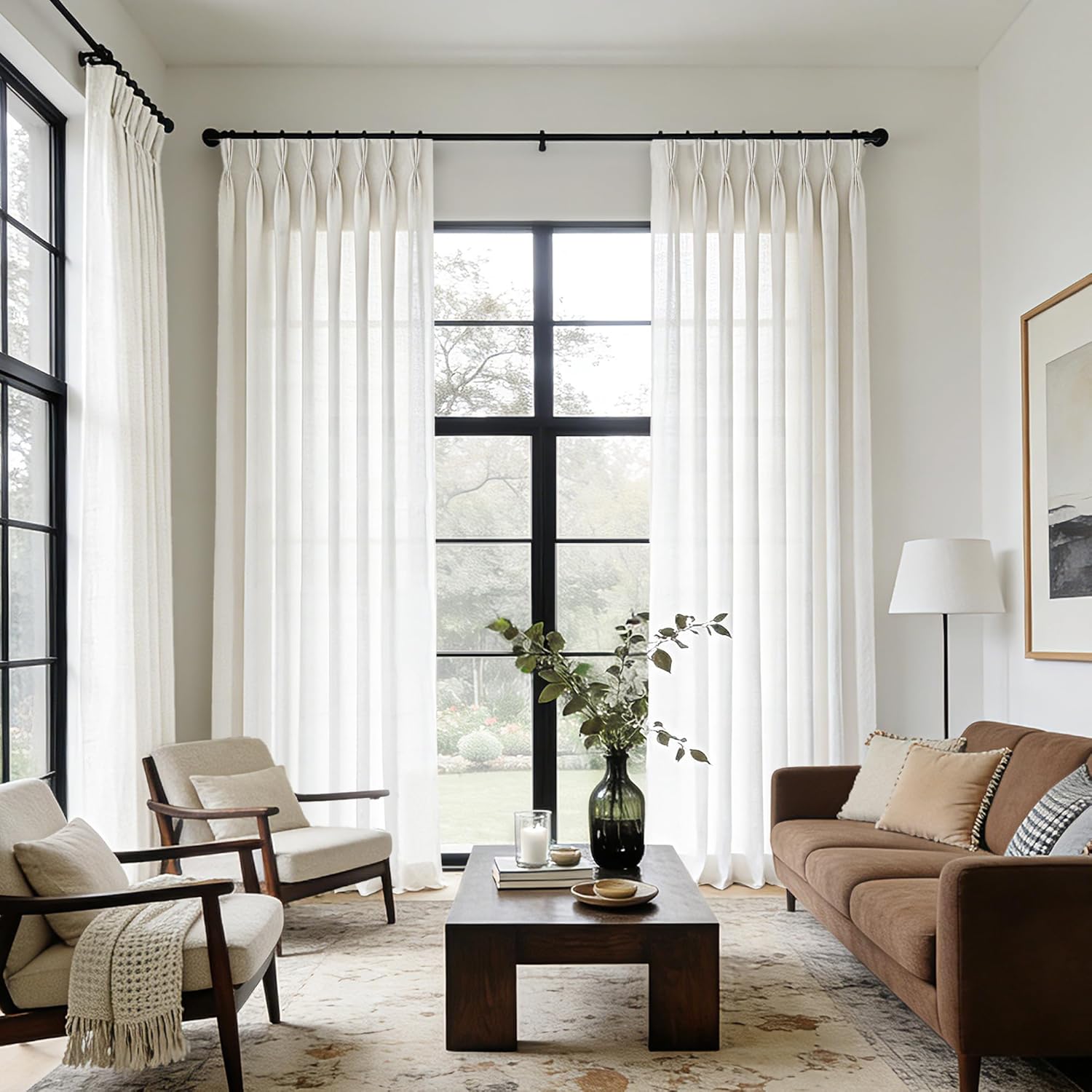 2 Panels 102 Inch Cream Pinch Pleat Linen Light Filtering Farmhouse Curtains with Hooks Rings