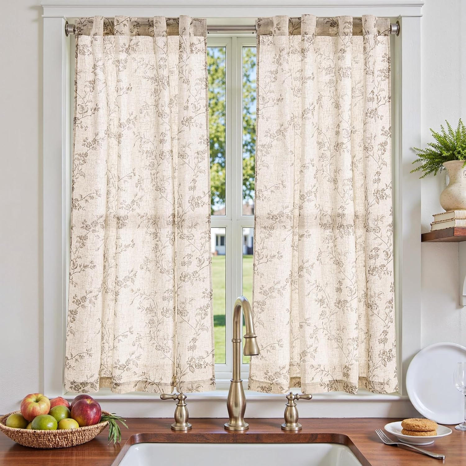 2 Panels 54 Inch Taupe Floral Linen Back Tab Farmhouse Tier Cafe Curtains