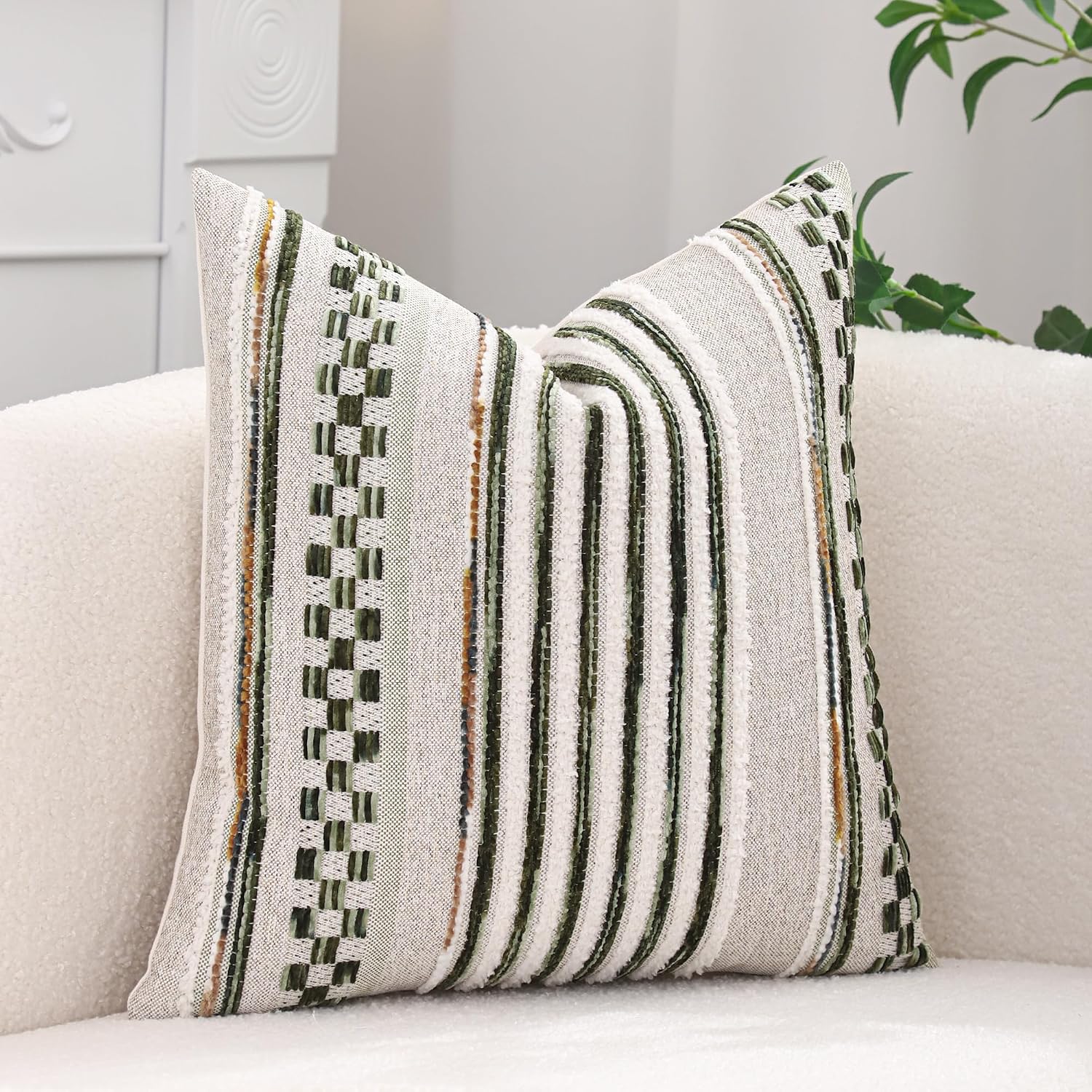 2Pcs 18x18 Dark Green Tufted Chenille Striped Boho Farmhouse Pillow Covers