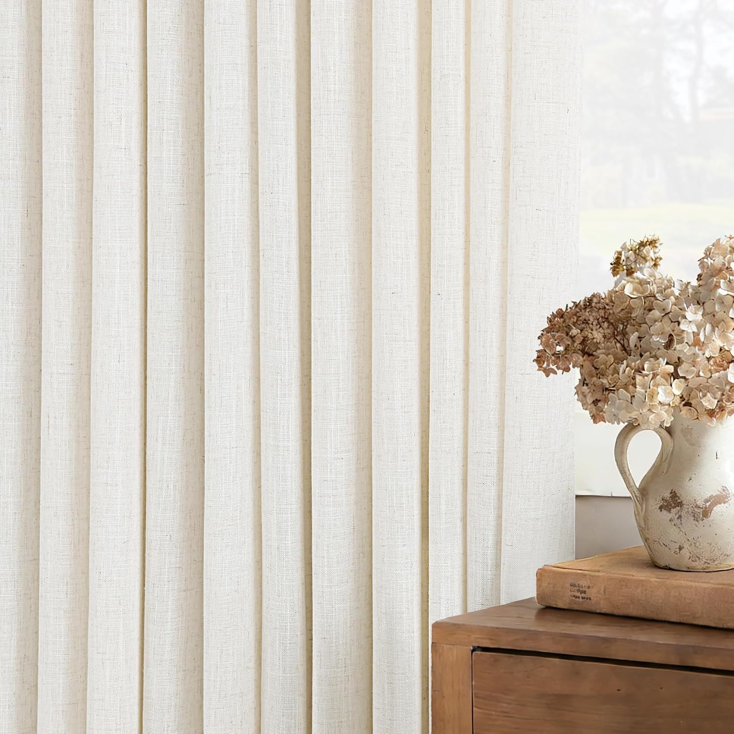2 Panels 102 Inch Cream Pinch Pleat Linen Light Filtering Farmhouse Curtains with Hooks Rings