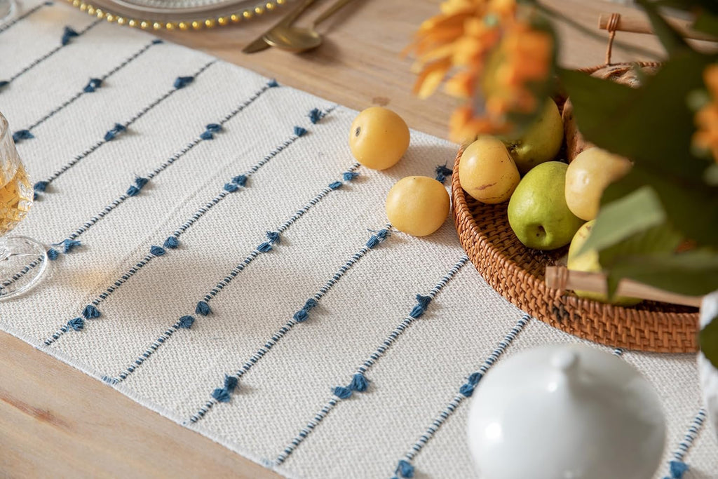 Caflife 90 Inch Blue Beige Tassel Woven Cotton Boho Farmhouse Table Runner
