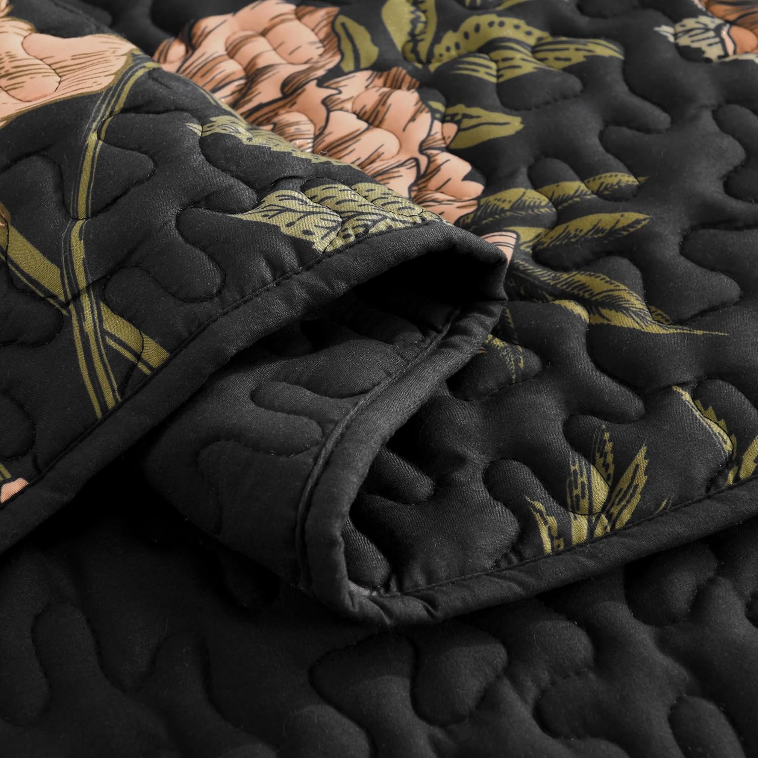 3-Piece King Black Botanical Bird Pattern Lightweight Quilt Coverlet Set