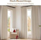 2 Panels 90 Inch Brown Plaid Pinch Pleated Linen Thermal Blackout Curtains
