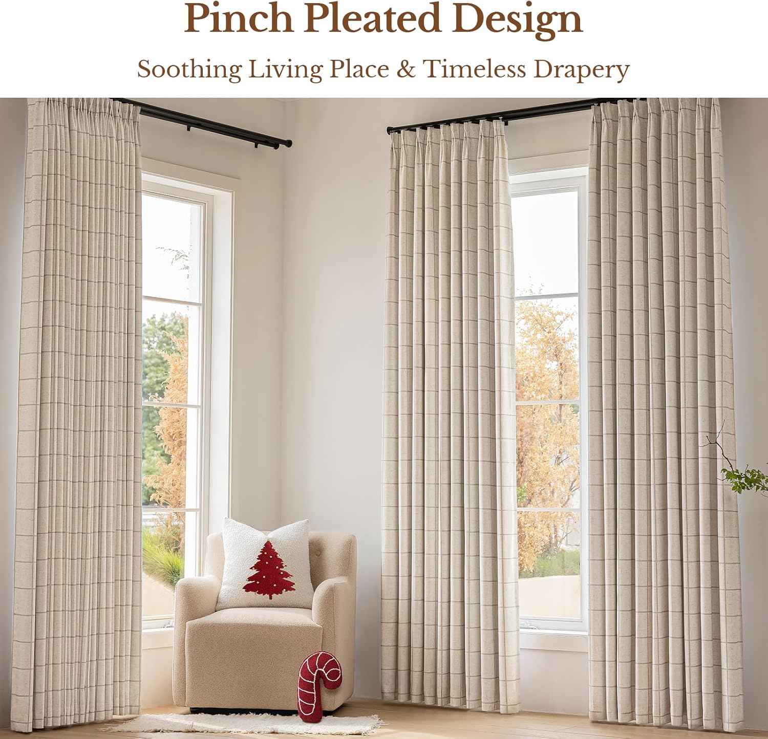 2 Panels 90 Inch Brown Plaid Pinch Pleated Linen Thermal Blackout Curtains