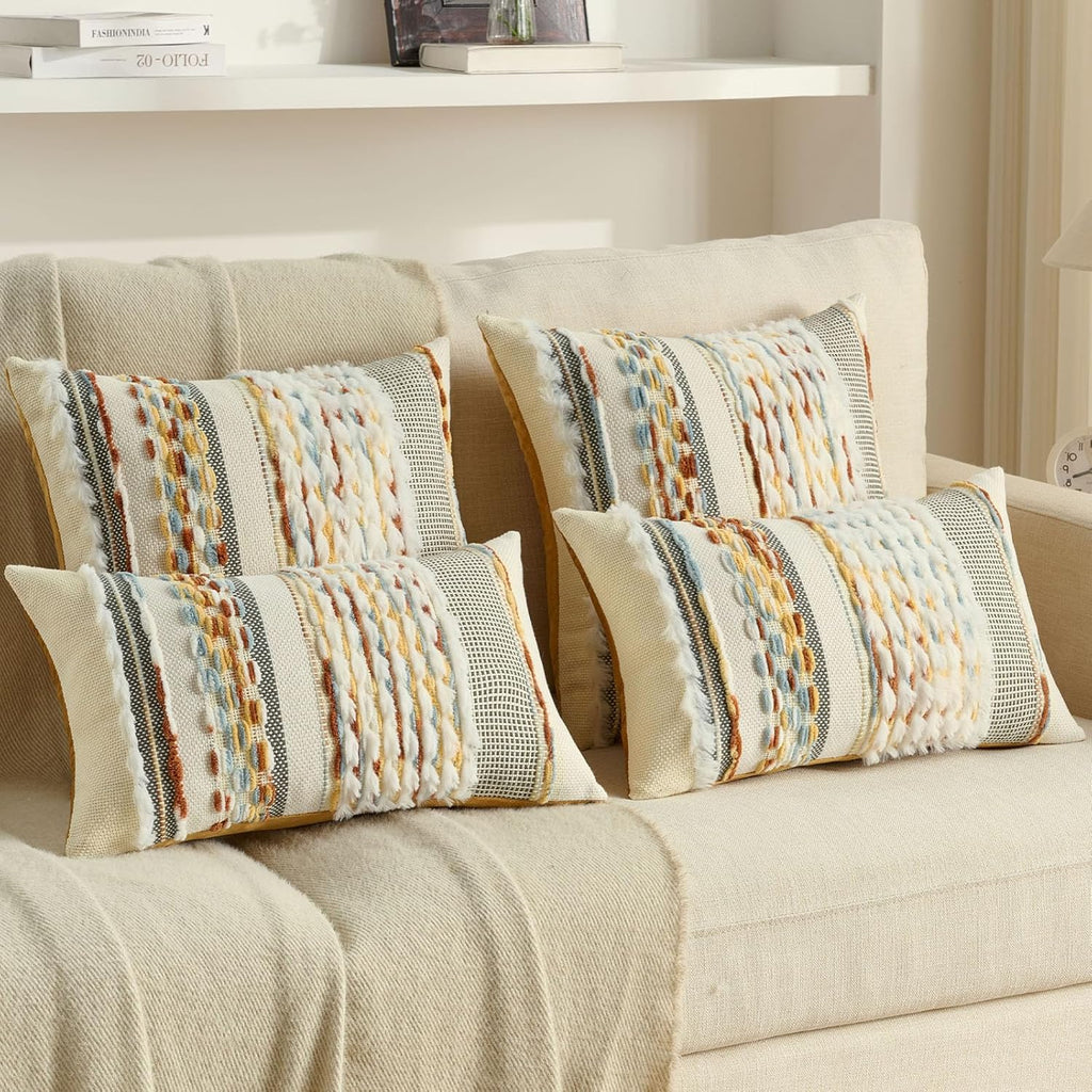 2Pcs 20x20 Rust Blue Yellow Tufted Striped Chenille Boho Farmhouse Pillow Covers
