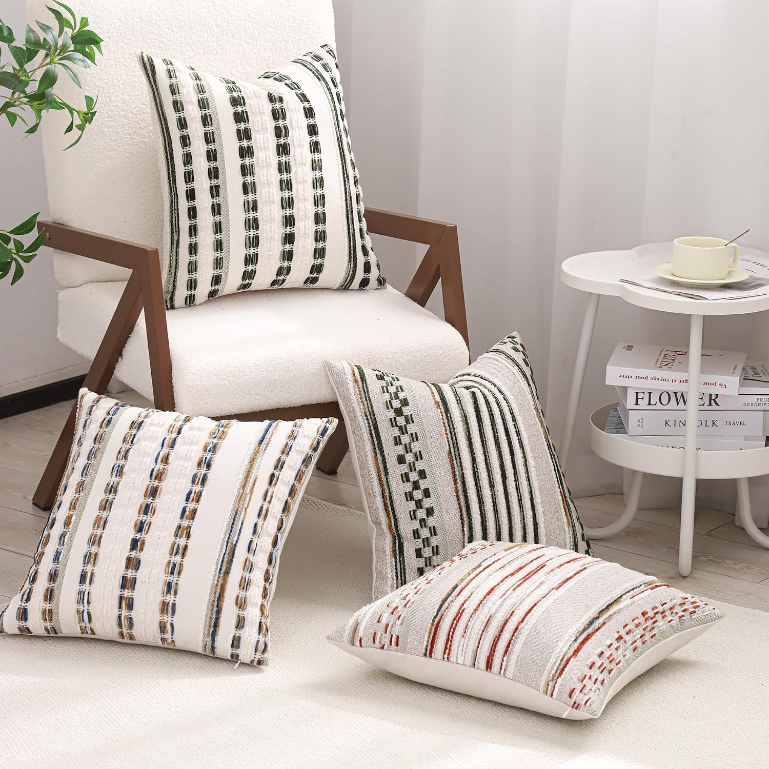 2Pcs 18x18 Dark Green Tufted Chenille Striped Boho Farmhouse Pillow Covers