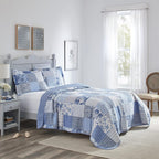 Blue Cotton Reversible Patchwork Paisley Floral Quilt Set with Shams