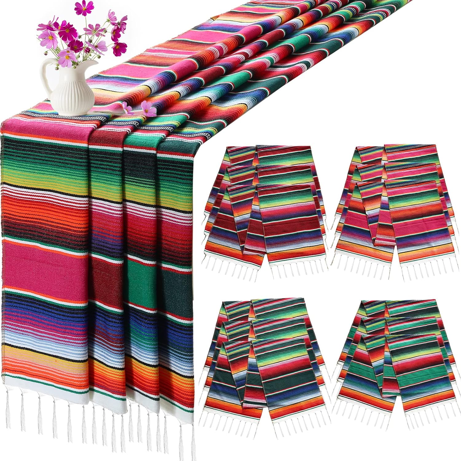 12Pcs 14x84 Inch Colorful Striped Mexican Serape Table Runners for Fiesta Party