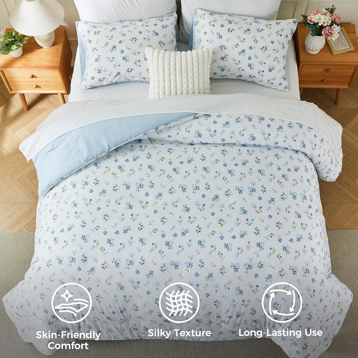 2Pcs Twin Blue Floral Shabby Chic Lightweight Comforter Bed in a Bag Set for Girls