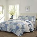 Blue Cotton Reversible Patchwork Paisley Floral Quilt Set with Shams