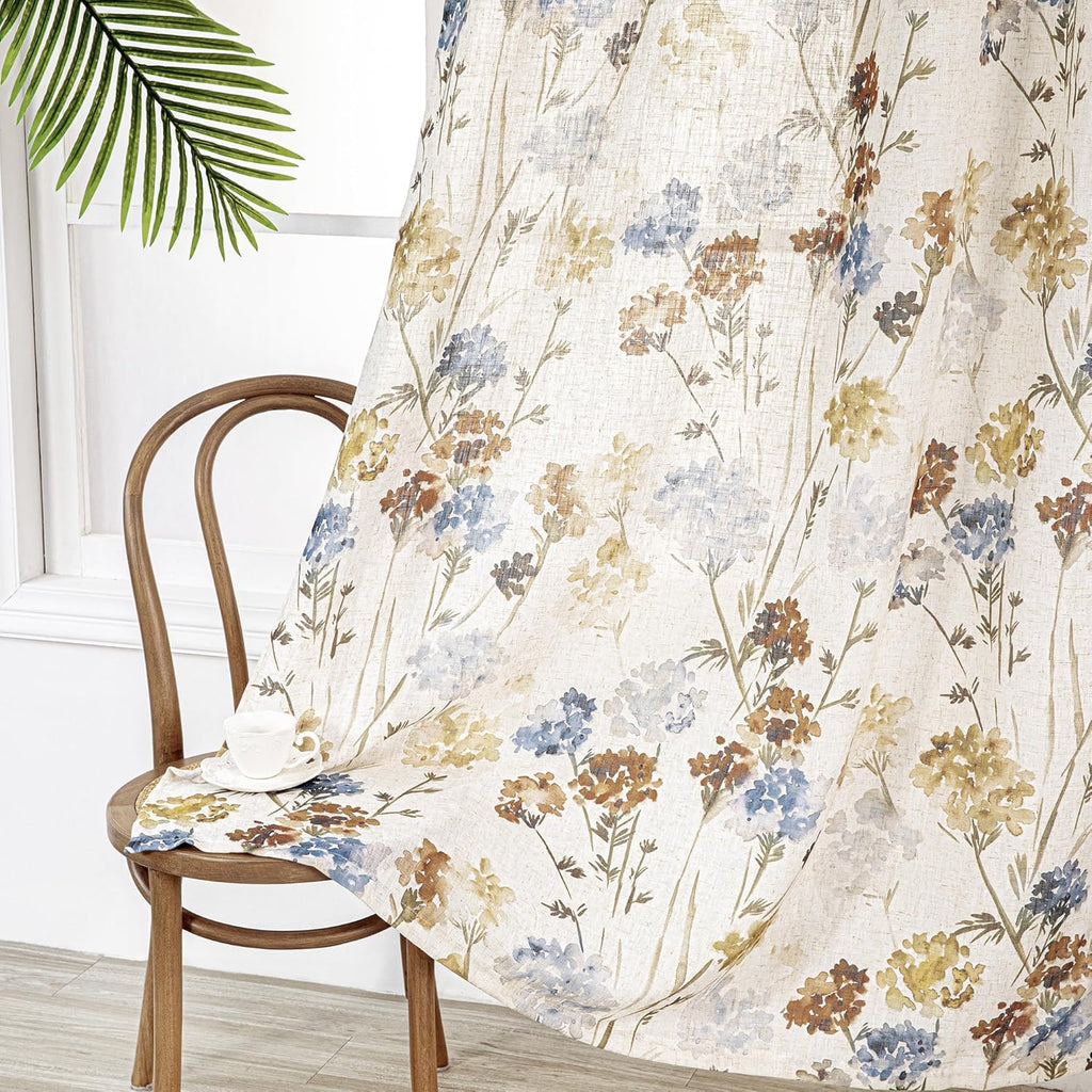 2 Panels 52x84 Inch Yellow Floral Linen Grommet Semi Sheer Farmhouse Curtains
