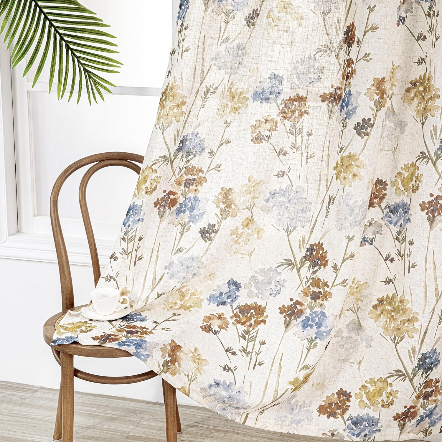 2 Panels 52x84 Inch Yellow Floral Linen Grommet Semi Sheer Farmhouse Curtains