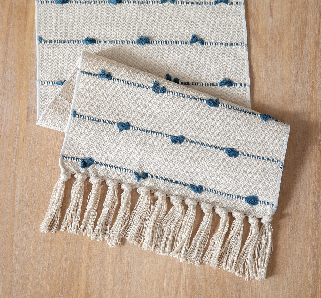 Caflife 90 Inch Blue Beige Tassel Woven Cotton Boho Farmhouse Table Runner