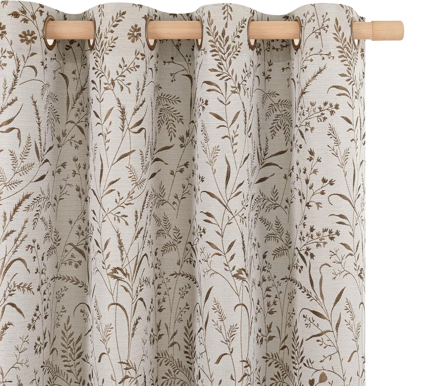 2 Panels 52x72 Inch Brown Jacquard Botanical Linen Light Filtering Cottage Curtains