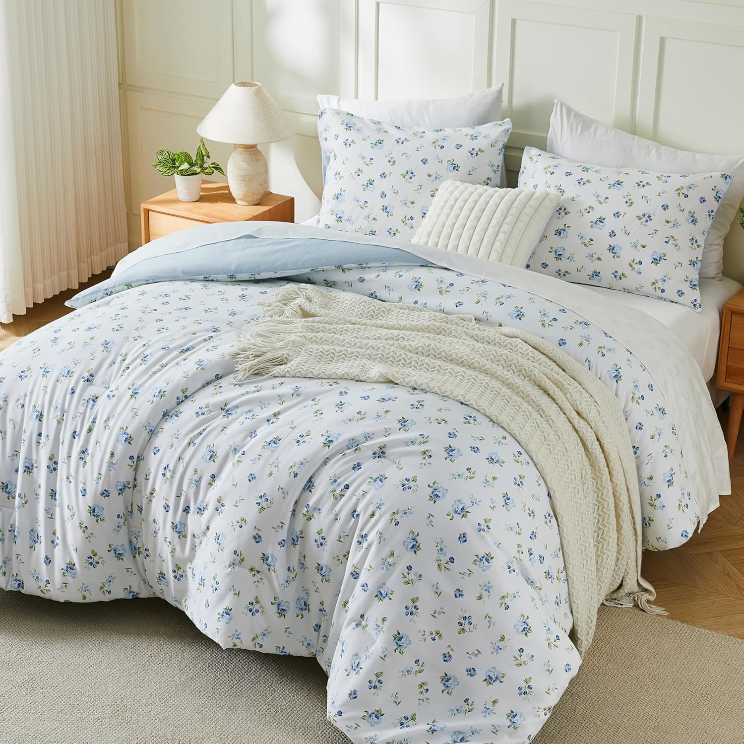 2Pcs Twin Blue Floral Shabby Chic Lightweight Comforter Bed in a Bag Set for Girls