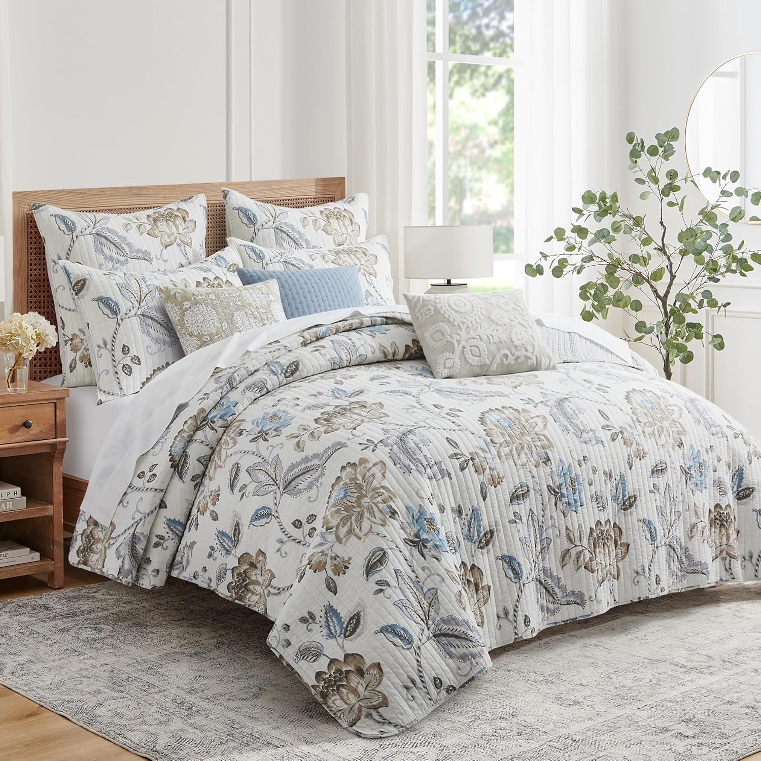 3-Piece King Cotton Reversible Floral Quilt Set Taupe Blue Cream
