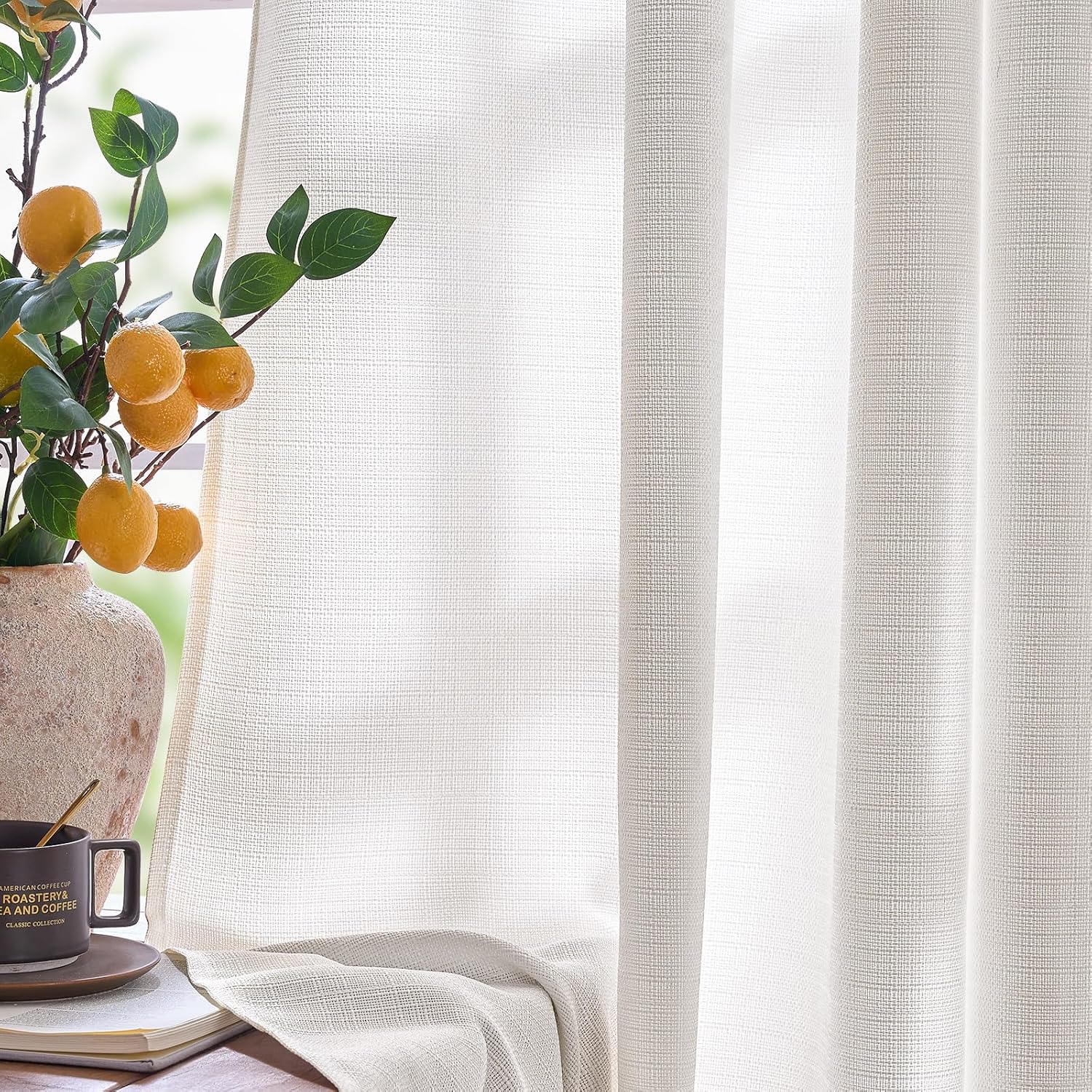 2 Panels 84 Inch White Linen Textured Grommet Light Filtering Curtains
