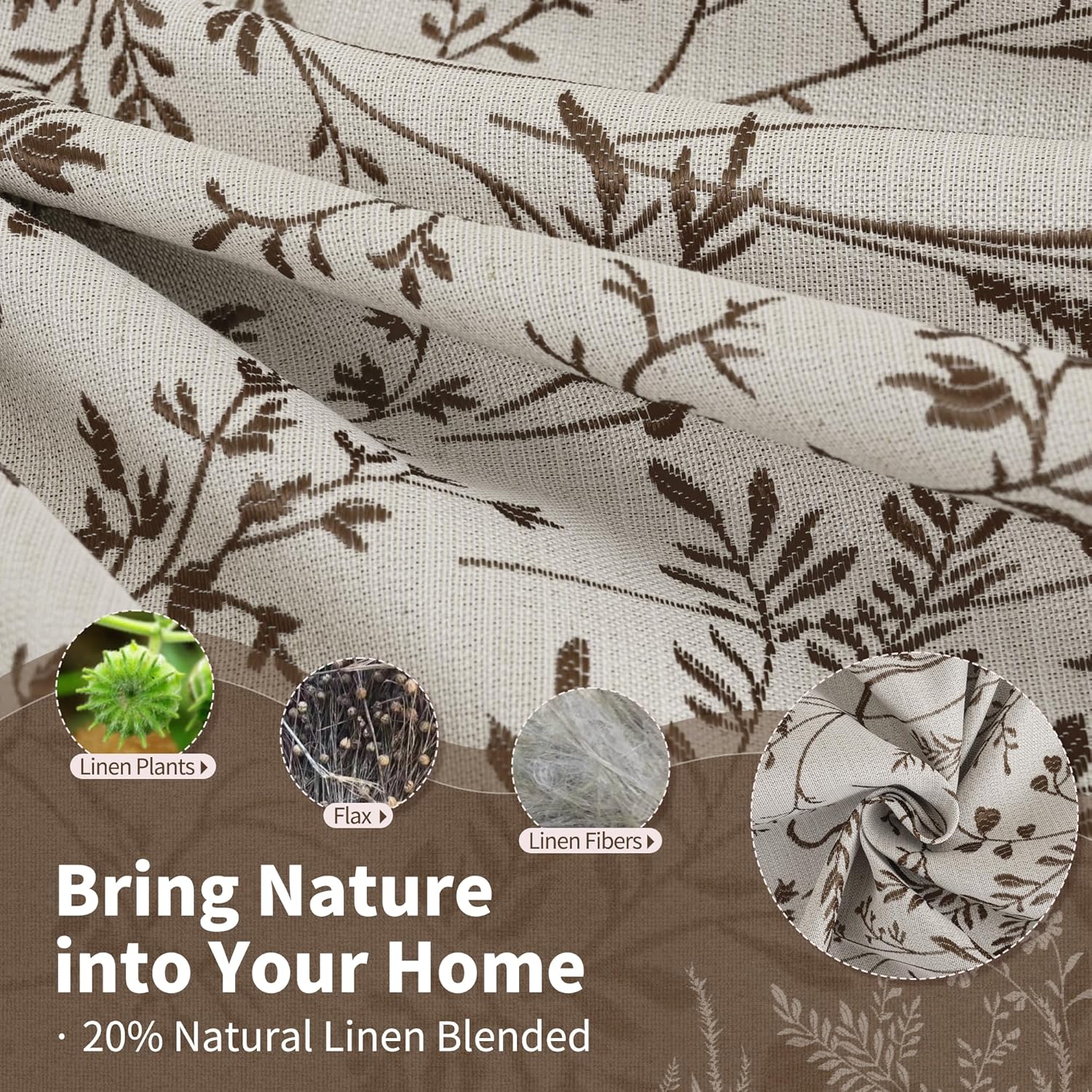2 Panels 52x72 Inch Brown Jacquard Botanical Linen Light Filtering Cottage Curtains