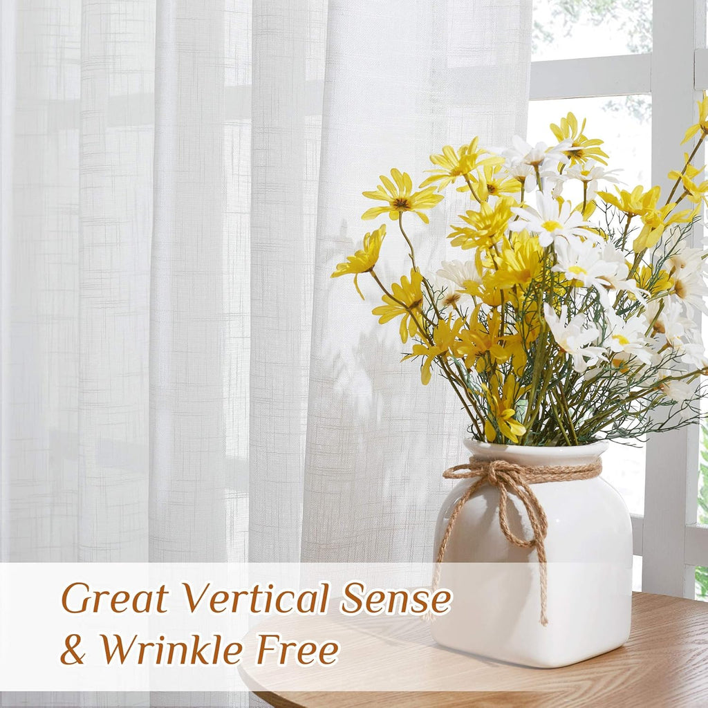 2 Panels 52x84 Inch White Linen Sheer Rod Pocket Back Tab Curtains