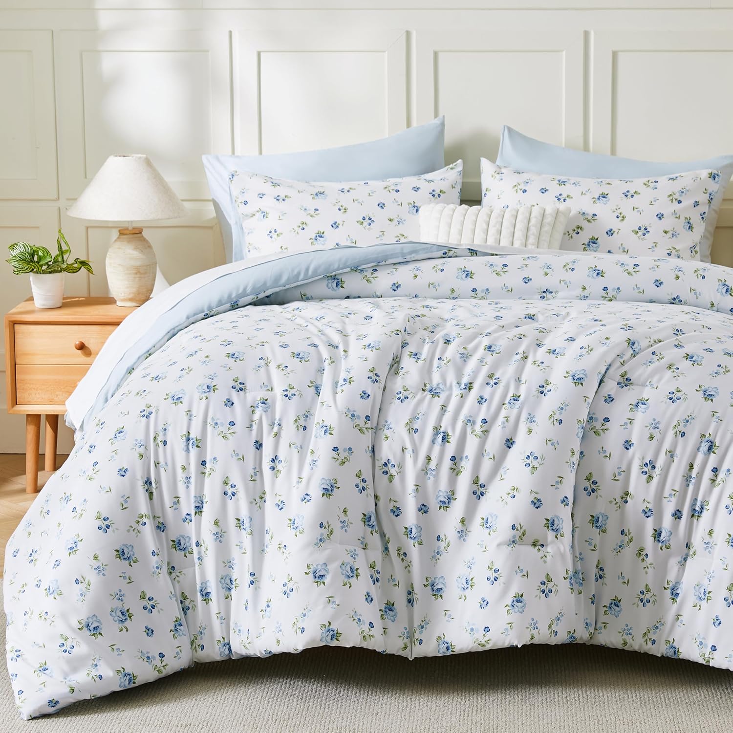 2Pcs Twin Blue Floral Shabby Chic Lightweight Comforter Bed in a Bag Set for Girls