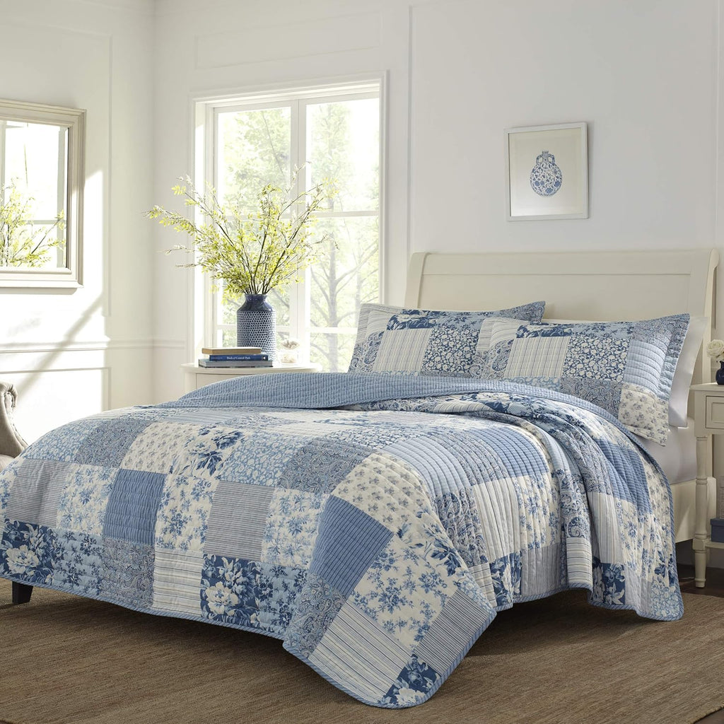 Blue Cotton Reversible Patchwork Paisley Floral Quilt Set with Shams