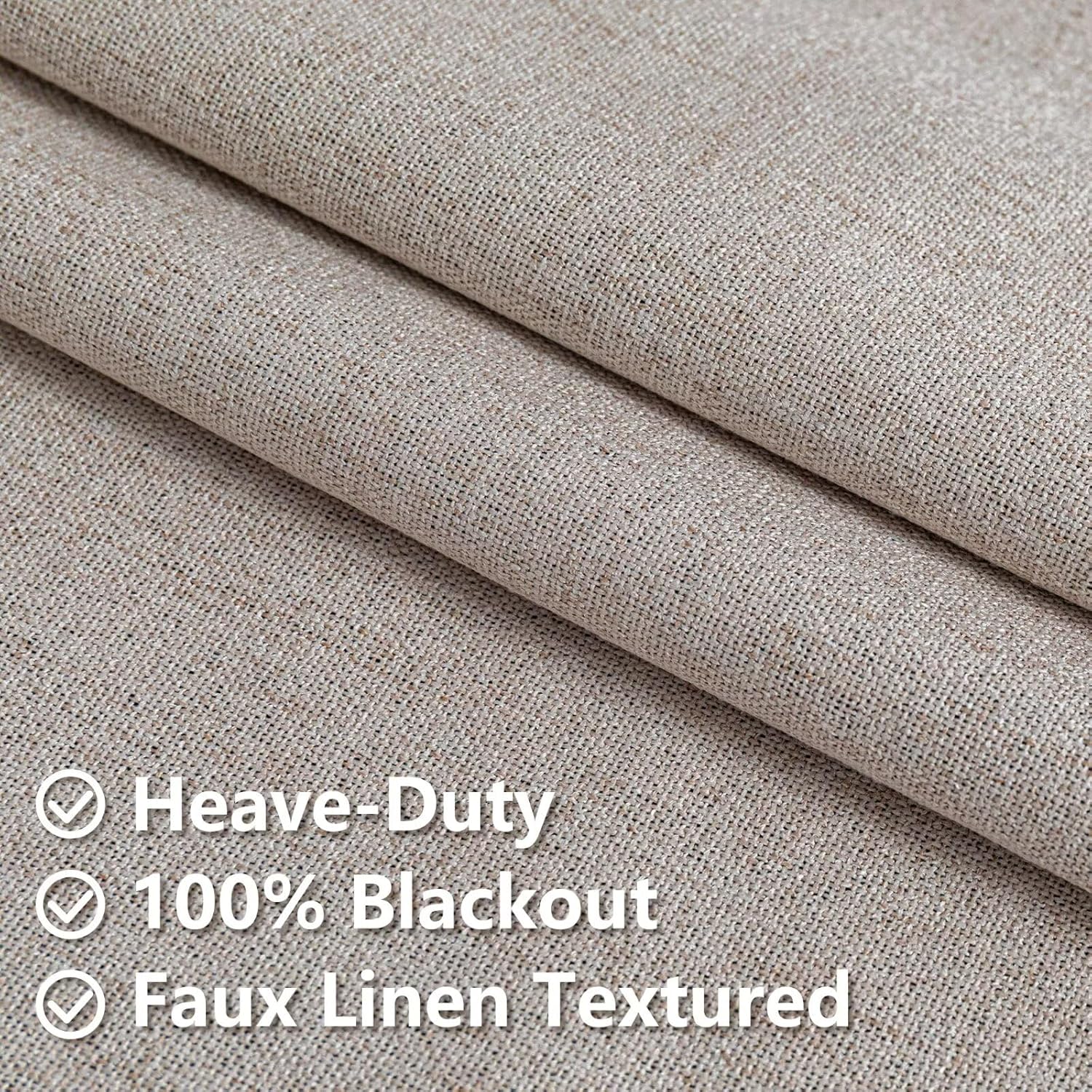 2 Panels 52x84 Inch Beige Faux Linen Thermal 100% Blackout Back Tab Rod Pocket Curtains