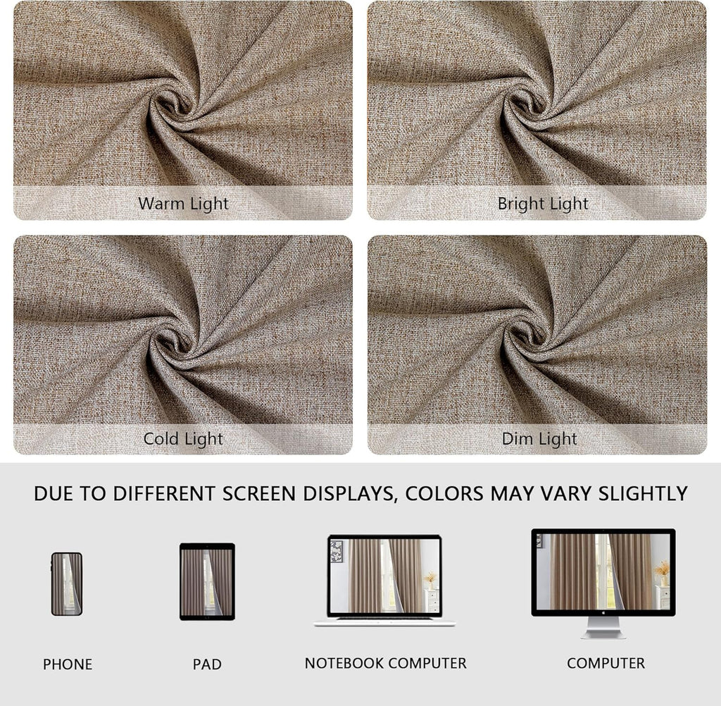 2 Panels 52x84 Inch Beige Faux Linen Thermal 100% Blackout Back Tab Rod Pocket Curtains