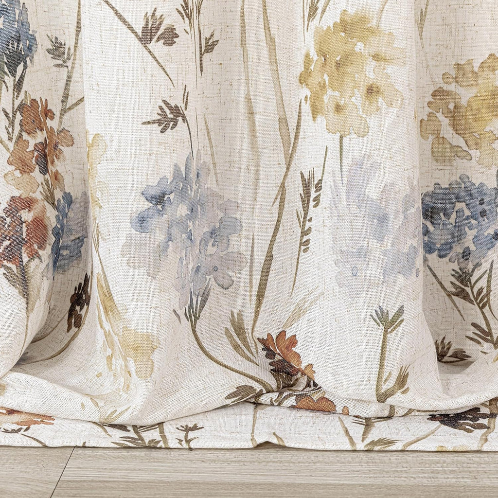 2 Panels 52x84 Inch Yellow Floral Linen Grommet Semi Sheer Farmhouse Curtains