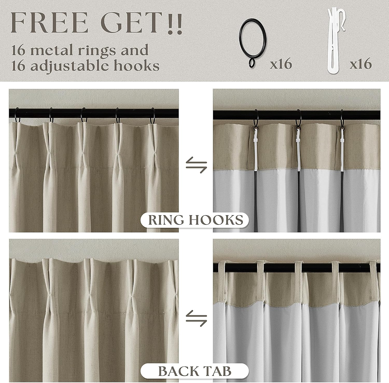 2 Panels 108 Inch Taupe Pinch Pleat Linen Blackout Farmhouse Curtains