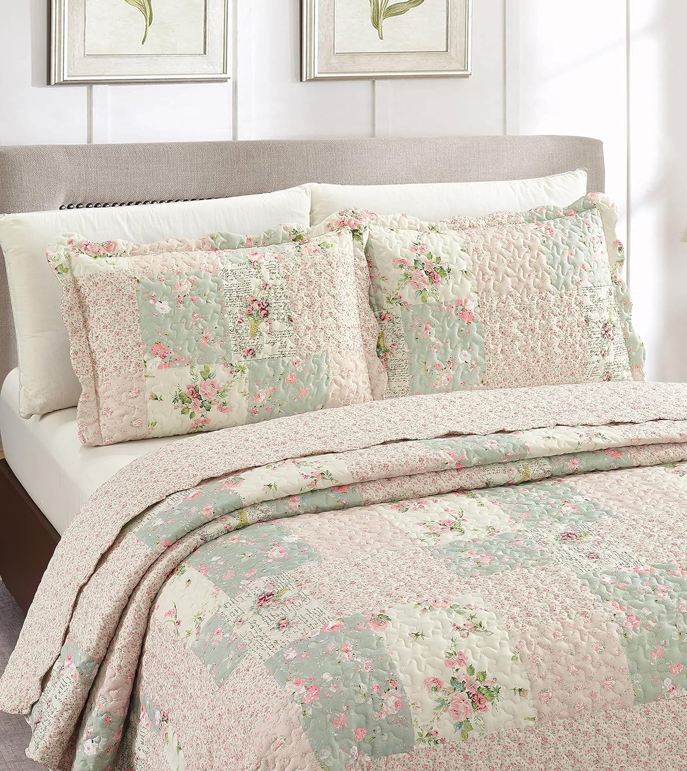 Sunshine 3-Piece Full/Queen Pink Green Patchwork Reversible Floral Quilt Coverlet Set