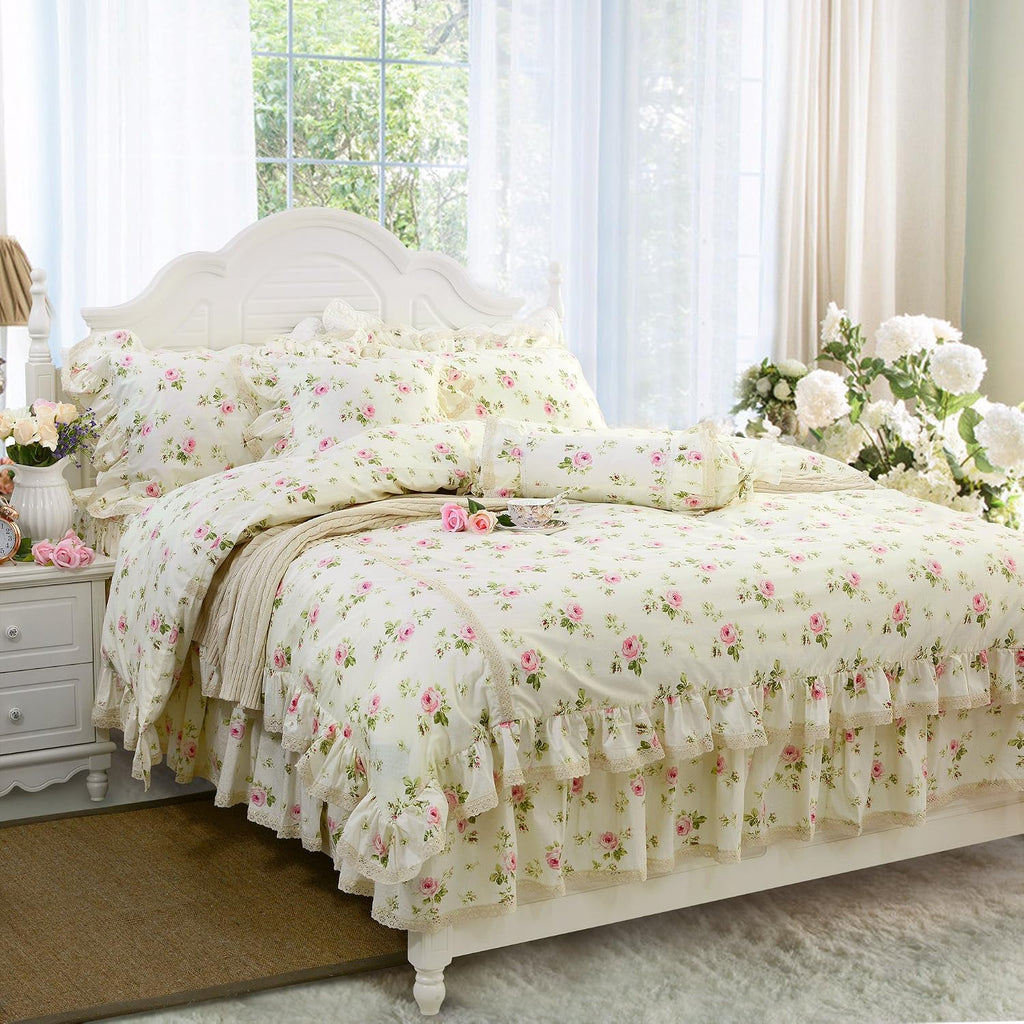 3-Piece Full Rosette Floral Lace Ruffle Princess Duvet Cover Bedding Set for Girls