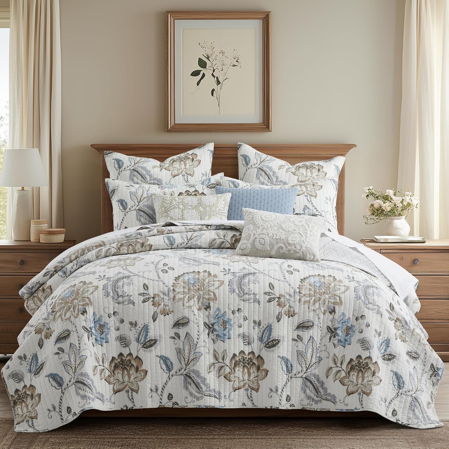 3-Piece King Cotton Reversible Floral Quilt Set Taupe Blue Cream