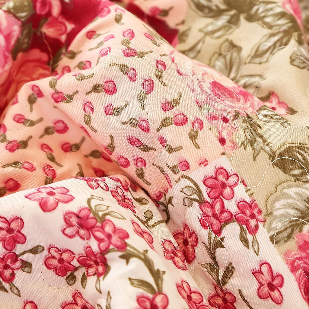 Hot Pink Rose Floral Reversible Lightweight Quilt Bedspread Set with Pillow Cases