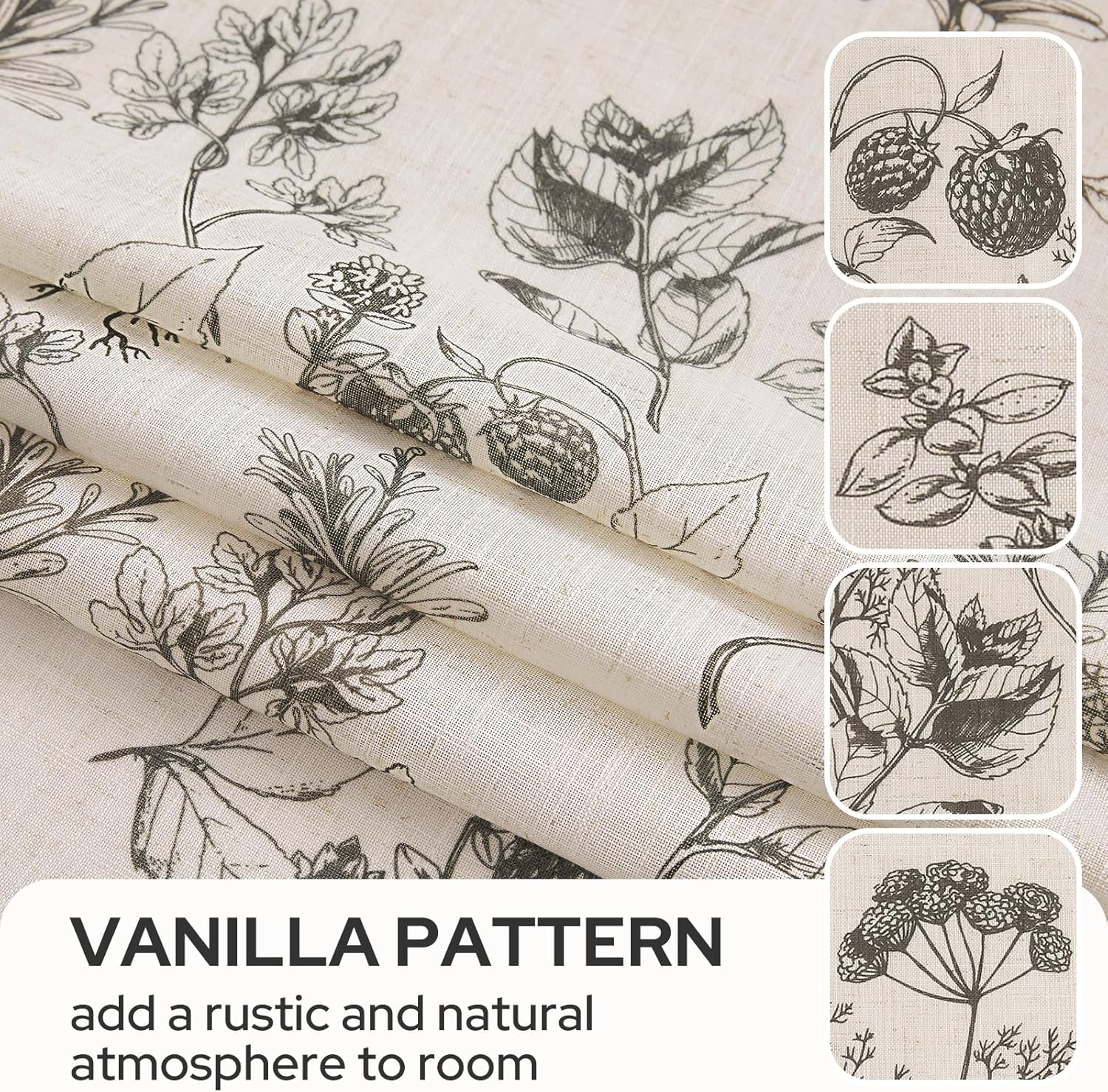 2 Panels 52x84 Inch Vanilla Floral Printed Linen Farmhouse Rod Pocket Curtains