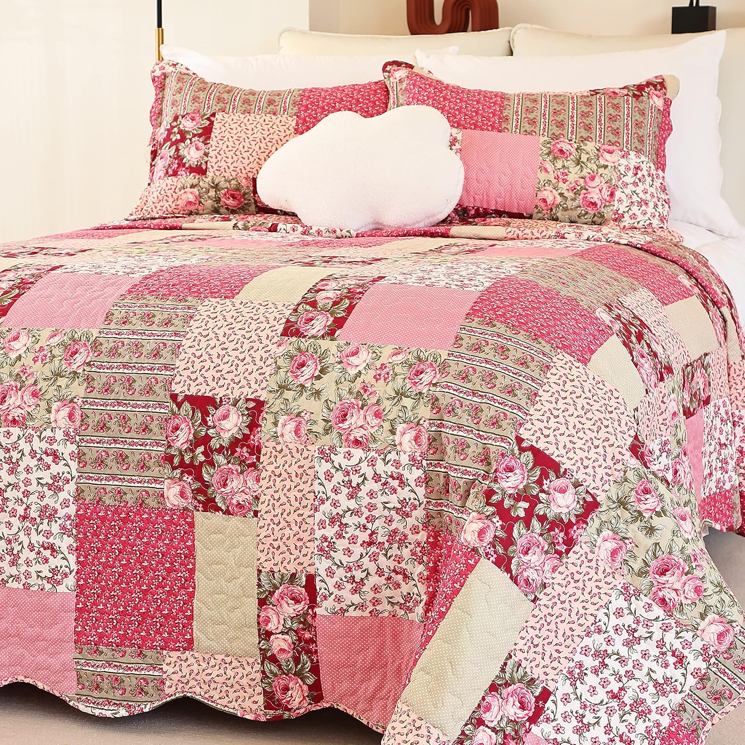 Hot Pink Rose Floral Reversible Lightweight Quilt Bedspread Set with Pillow Cases