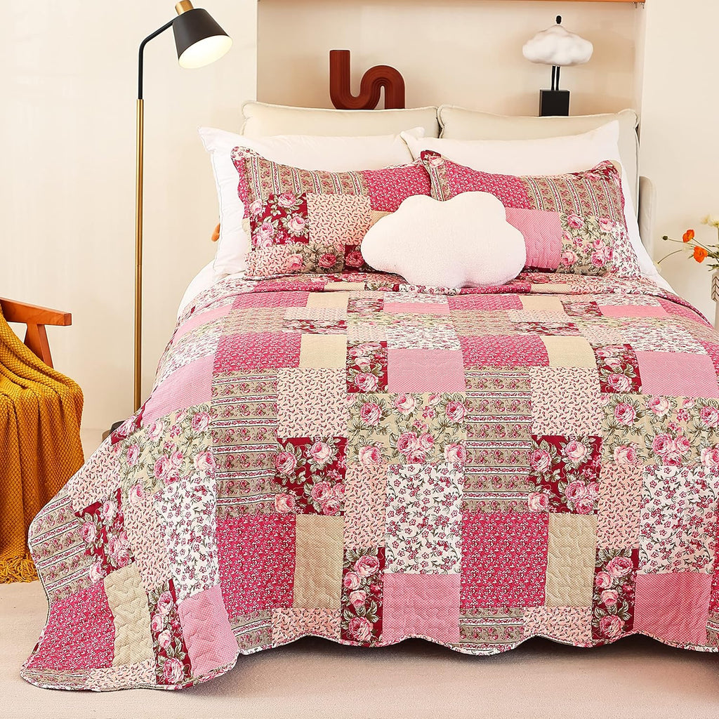 Hot Pink Rose Floral Reversible Lightweight Quilt Bedspread Set with Pillow Cases