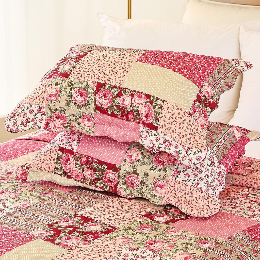 Hot Pink Rose Floral Reversible Lightweight Quilt Bedspread Set with Pillow Cases