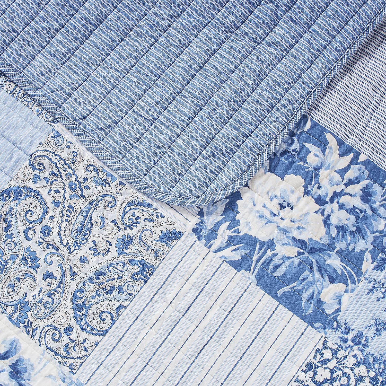 Blue Cotton Reversible Patchwork Paisley Floral Quilt Set with Shams